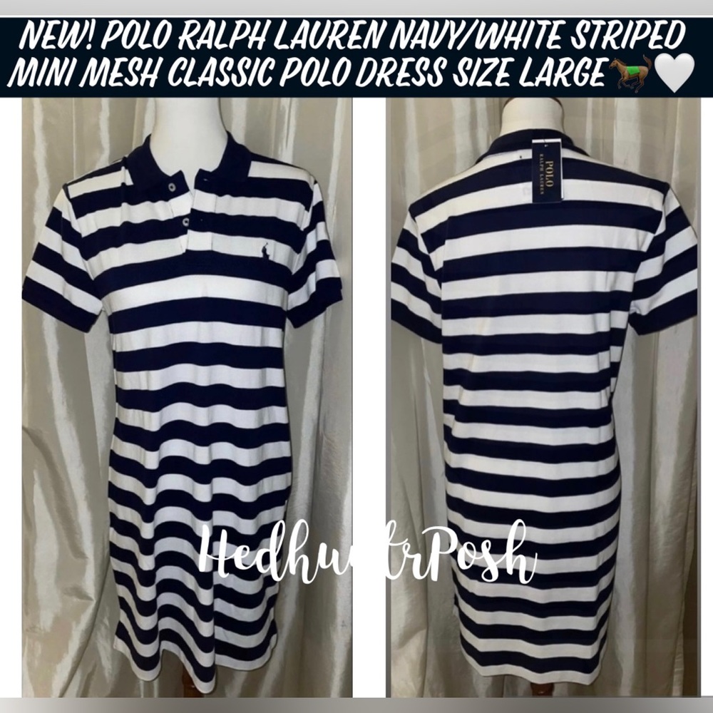 🎉HP🎉New! Polo Ralph Lauren Navy/WhiteStriped MiniMesh Classic Polo Dress L🐎🤍